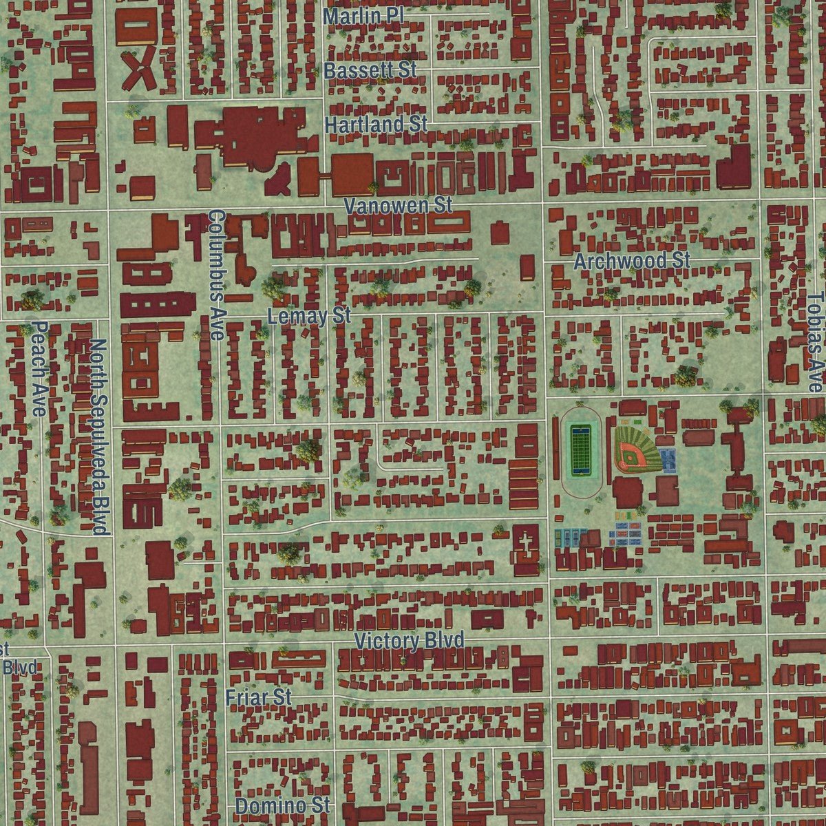 Second close-up of the map of Van Nuys, California print showing more streets and buildings