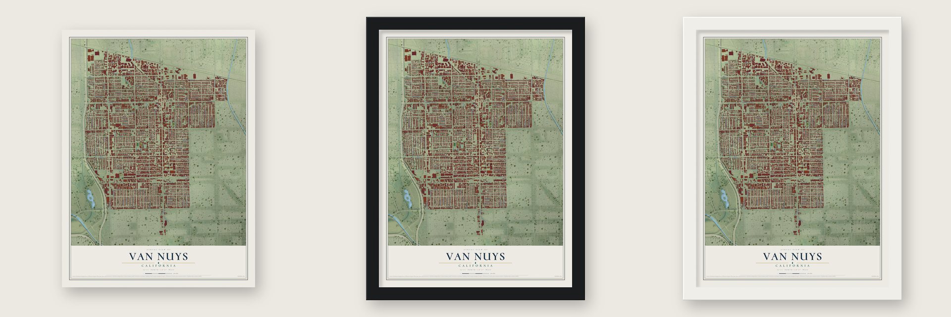 Van Nuys, California map unframed, in a black wood frame and in a white wood frame