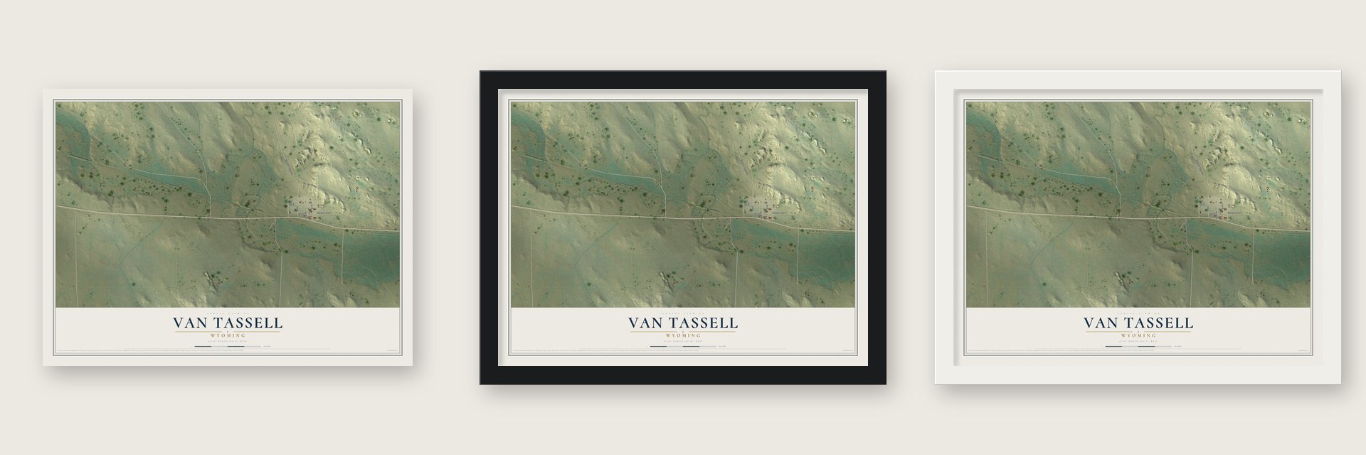 Van Tassell, Wyoming map unframed, in a black wood frame and in a white wood frame