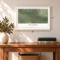 Van Tassell, Wyoming map, 12 x 18 inch print in a white frame in an entryway