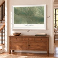 Van Tassell, Wyoming map, 24 x 36 inch print in a white frame above a dresser by a staircase