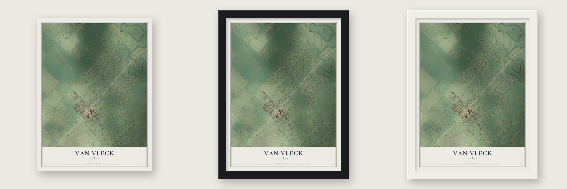 Van Vleck, Texas map unframed, in a black wood frame and in a white wood frame