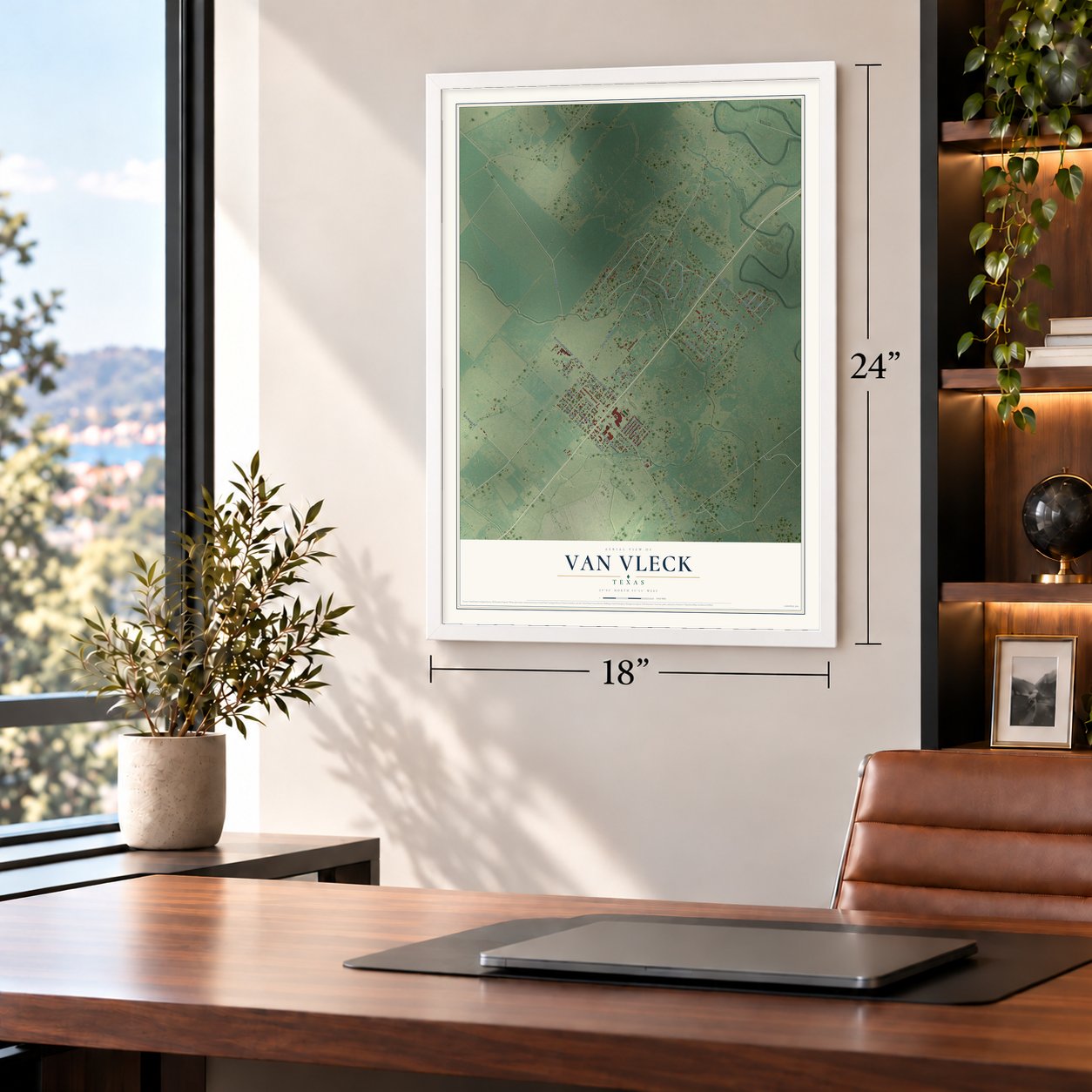 Van Vleck, Texas map, 18 x 24 inch print in a white frame in a home office