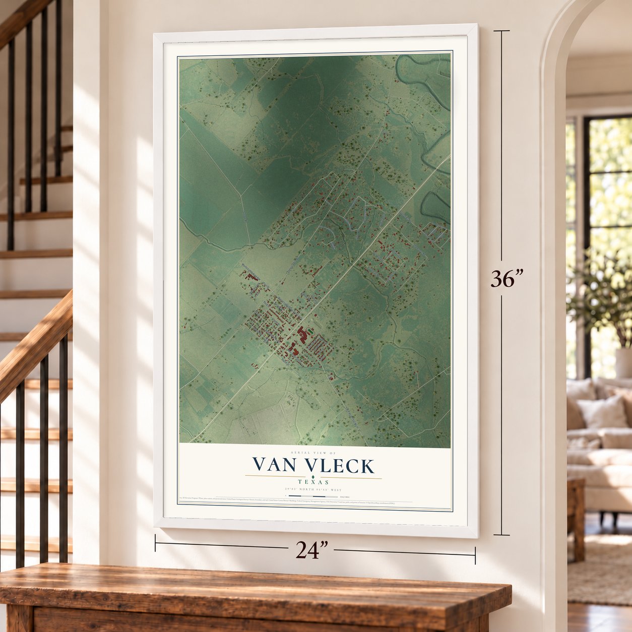 Van Vleck, Texas map, 24 x 36 inch print in a white frame by a staircase