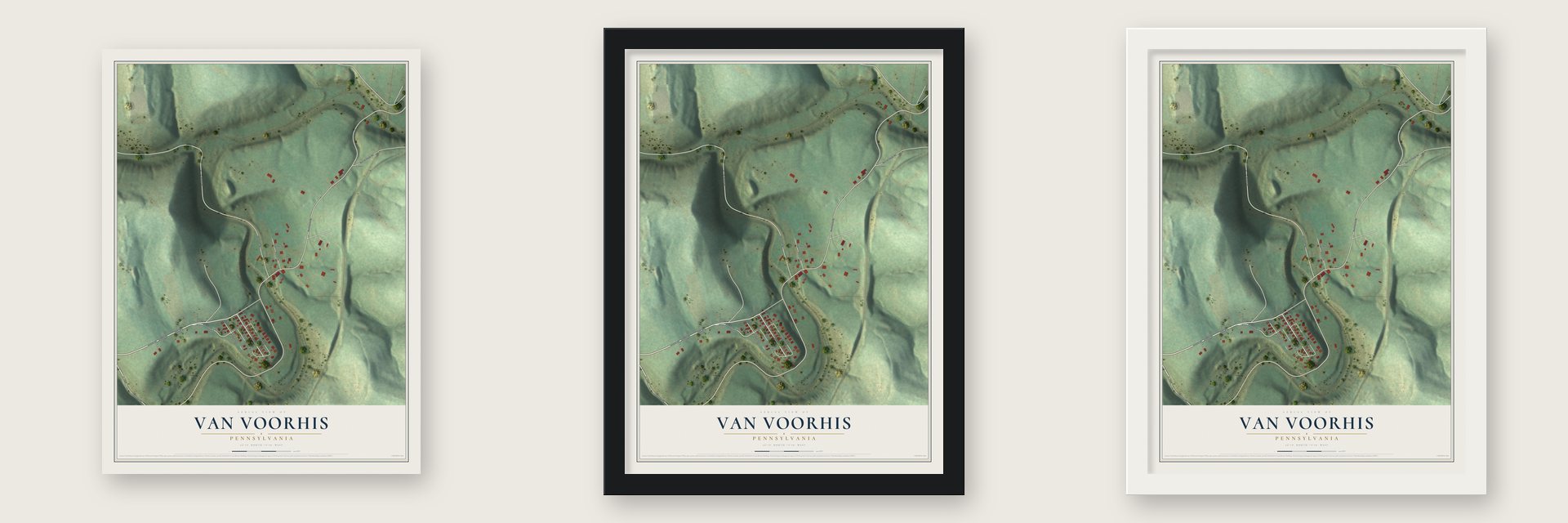 Van Voorhis, Pennsylvania map unframed, in a black wood frame and in a white wood frame