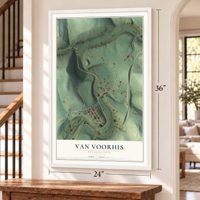 Van Voorhis, Pennsylvania map, 24 x 36 inch print in a white frame by a staircase