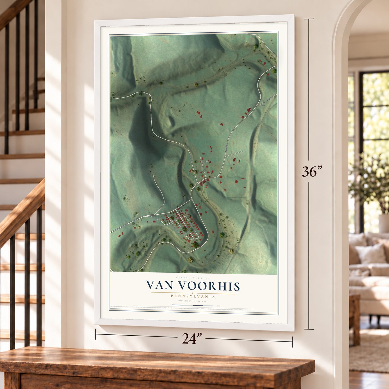 Van Voorhis, Pennsylvania map, 24 x 36 inch print in a white frame by a staircase