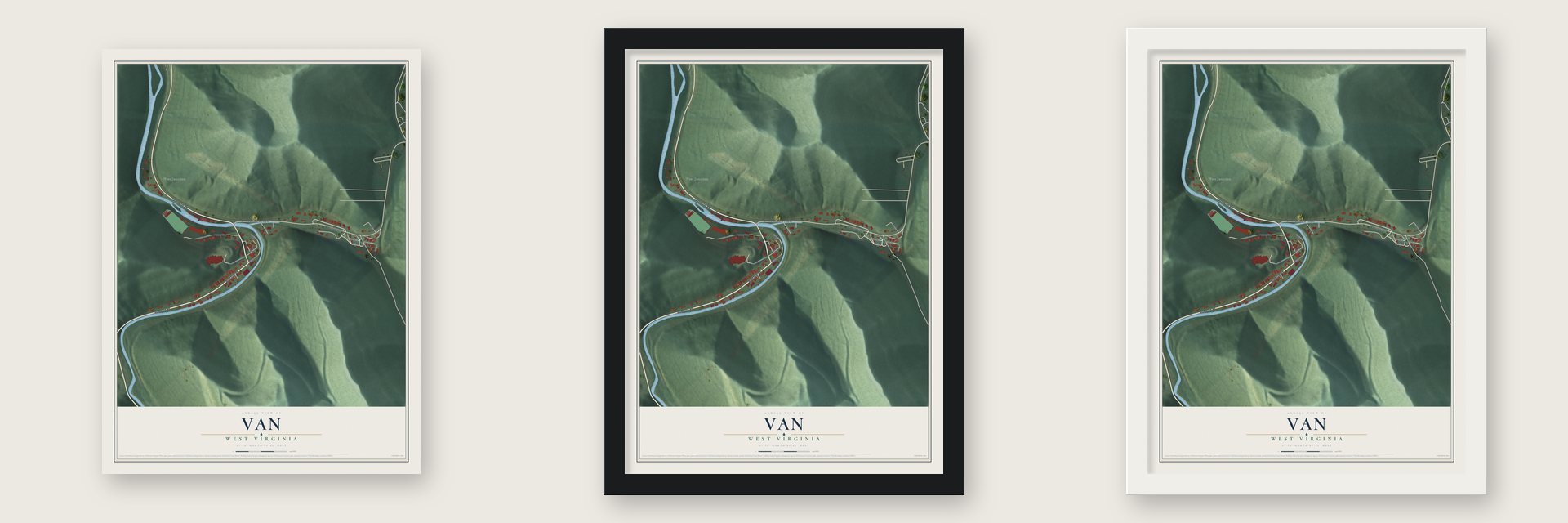 Van, West Virginia map unframed, in a black wood frame and in a white wood frame