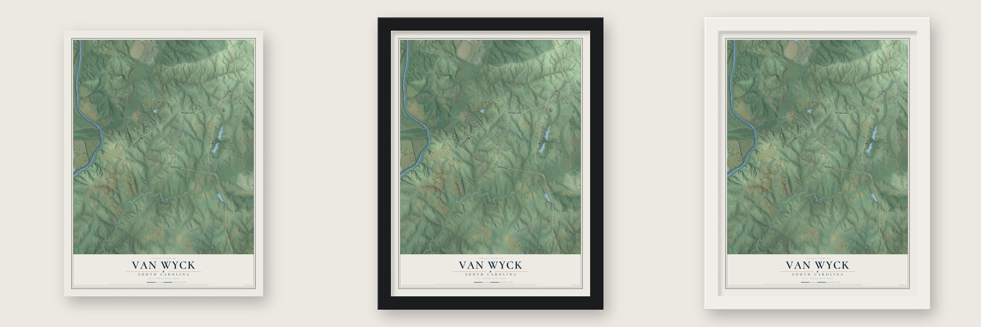 Van Wyck, South Carolina map unframed, in a black wood frame and in a white wood frame
