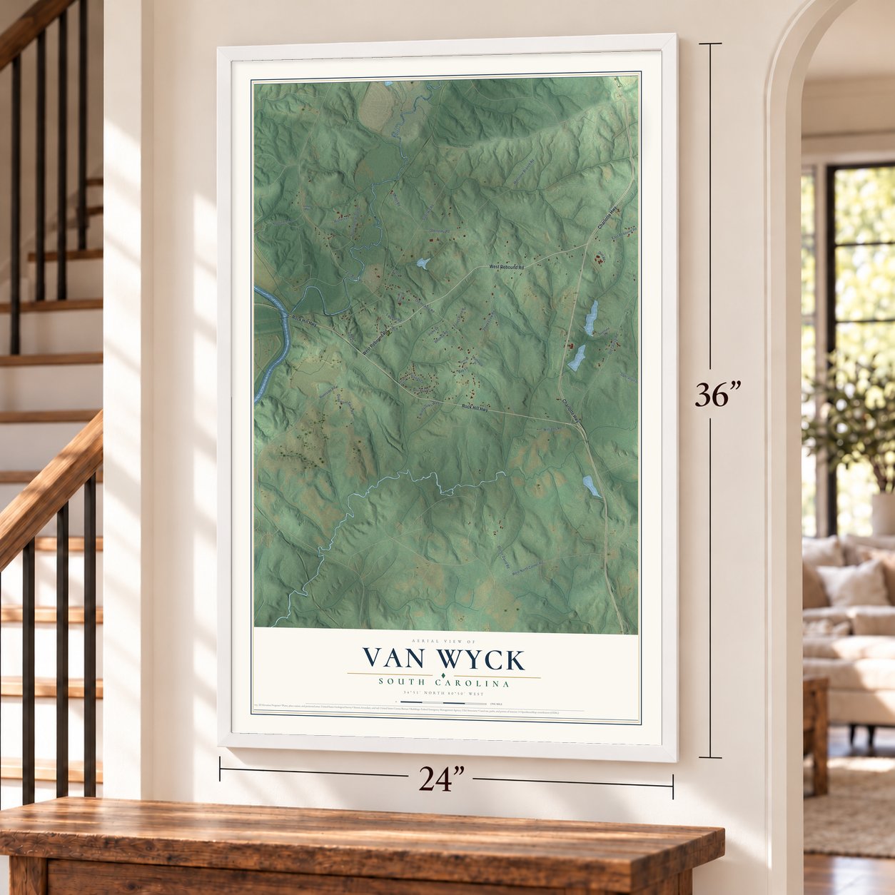 Van Wyck, South Carolina map, 24 x 36 inch print in a white frame by a staircase