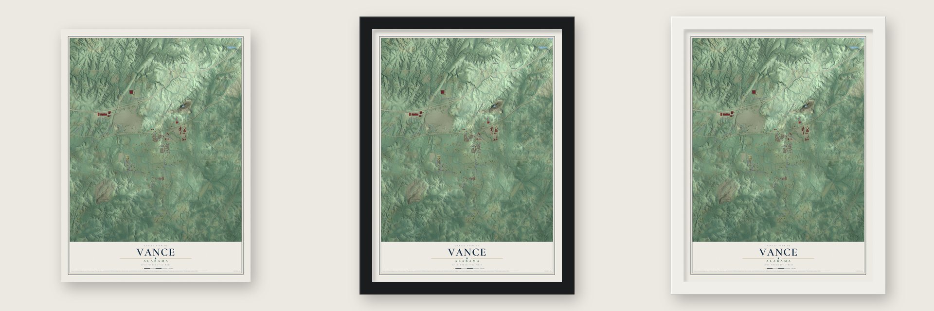 Vance, Alabama map unframed, in a black wood frame and in a white wood frame