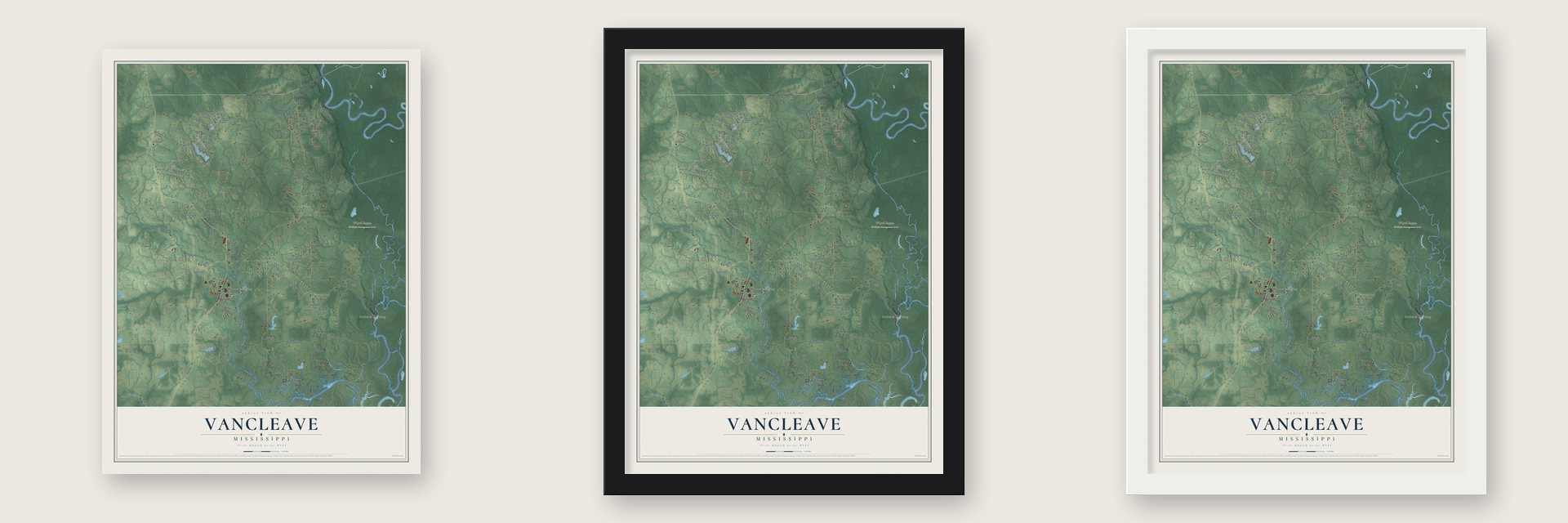 Vancleave, Mississippi map unframed, in a black wood frame and in a white wood frame