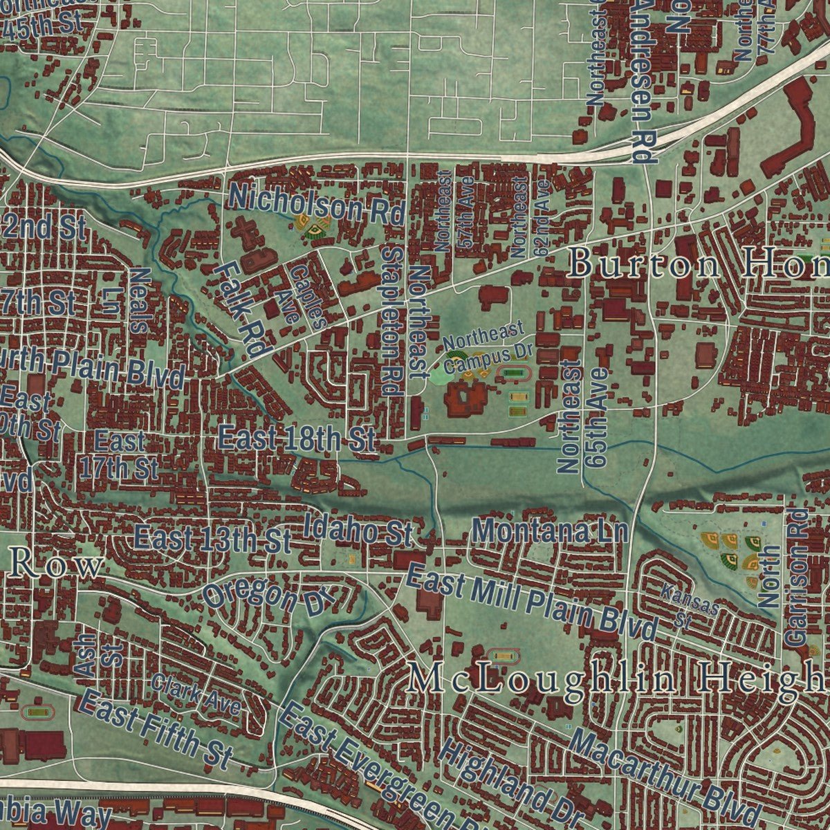 Second close-up of the map of Vancouver, Washington print showing more streets and buildings