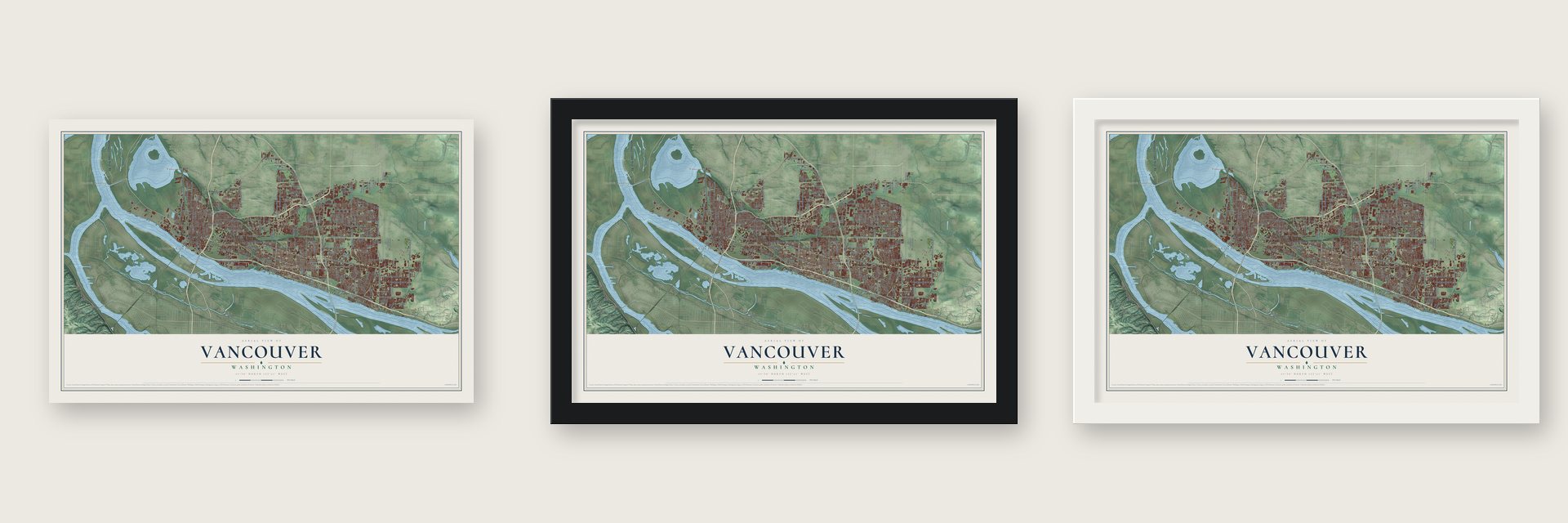 Vancouver, Washington map unframed, in a black wood frame and in a white wood frame