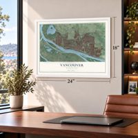 Vancouver, Washington map, 18 x 24 inch print in a white frame in a home office