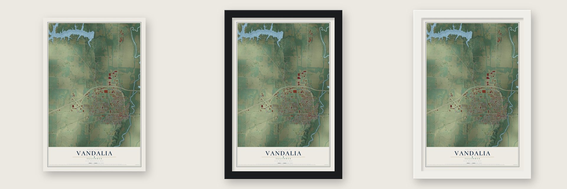 Vandalia, Illinois map unframed, in a black wood frame and in a white wood frame