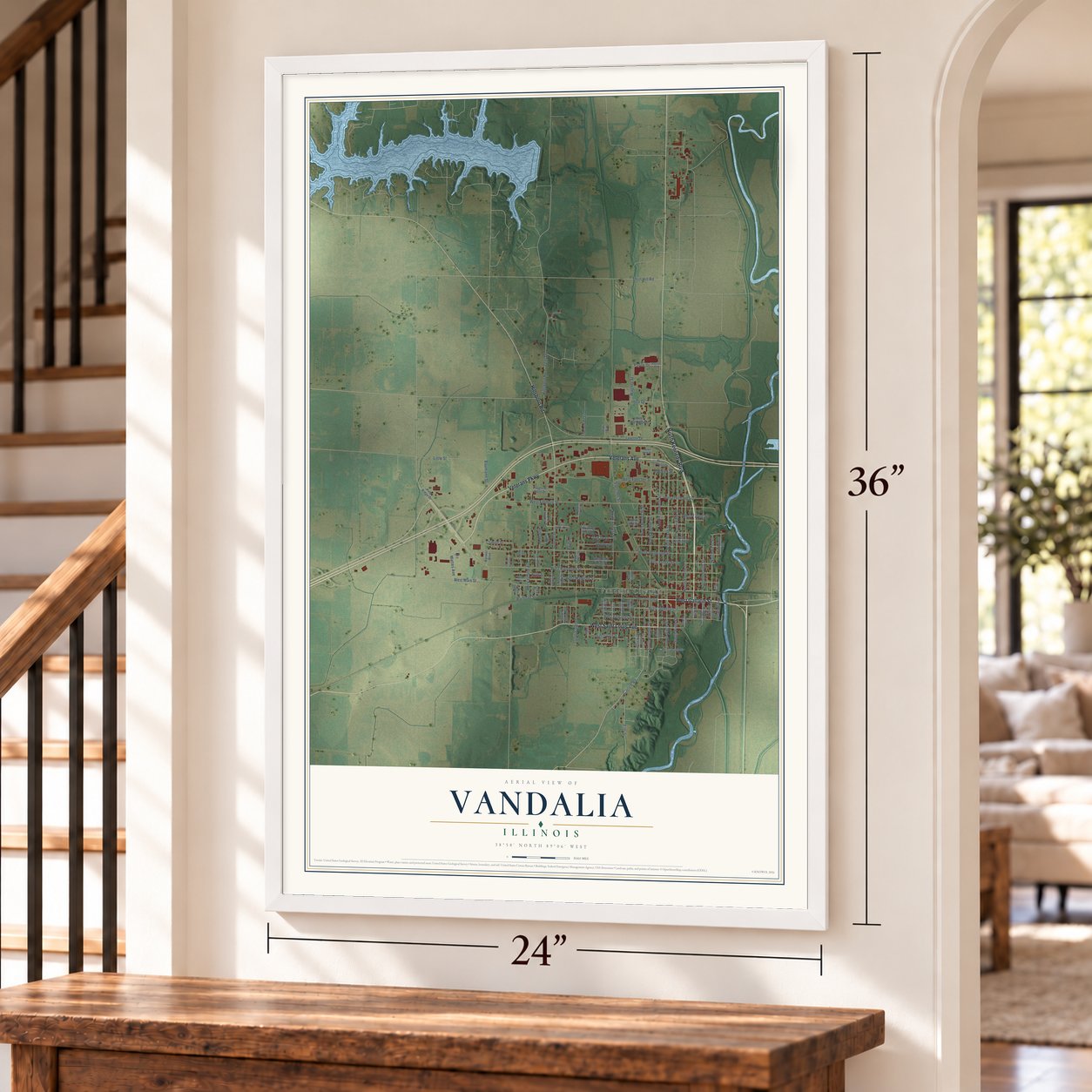Vandalia, Illinois map, 24 x 36 inch print in a white frame by a staircase