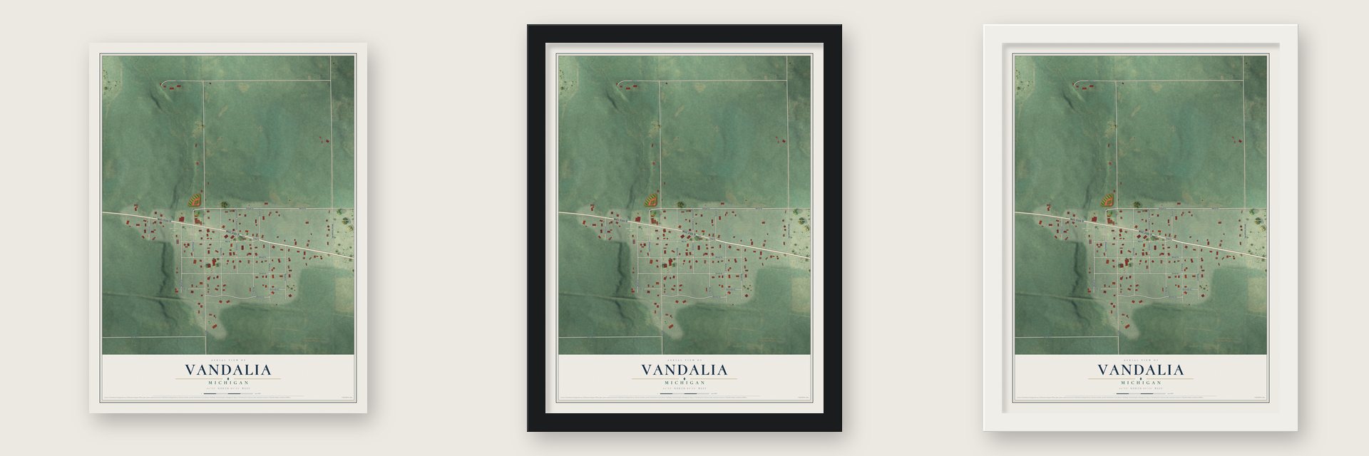 Vandalia, Michigan map unframed, in a black wood frame and in a white wood frame