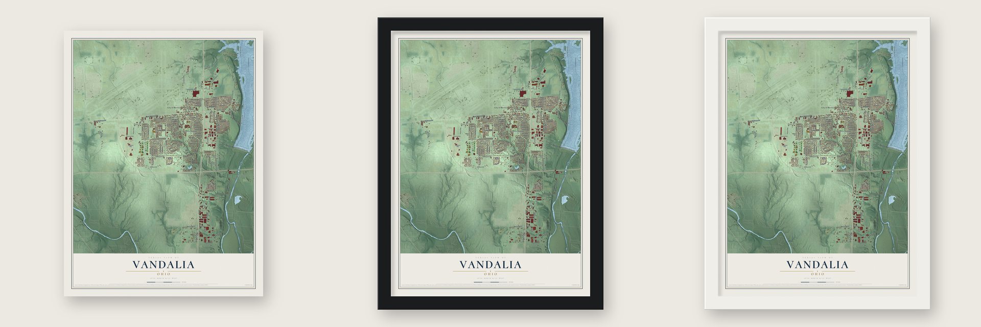 Vandalia, Ohio map unframed, in a black wood frame and in a white wood frame