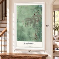 Vandalia, Ohio map, 24 x 36 inch print in a white frame by a staircase