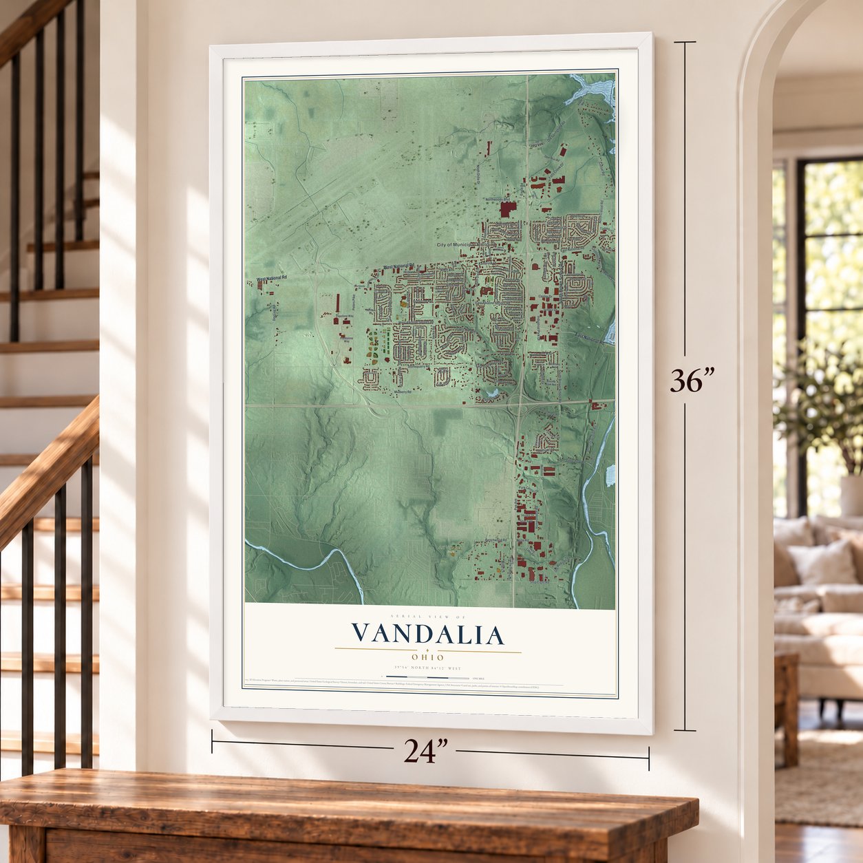 Vandalia, Ohio map, 24 x 36 inch print in a white frame by a staircase