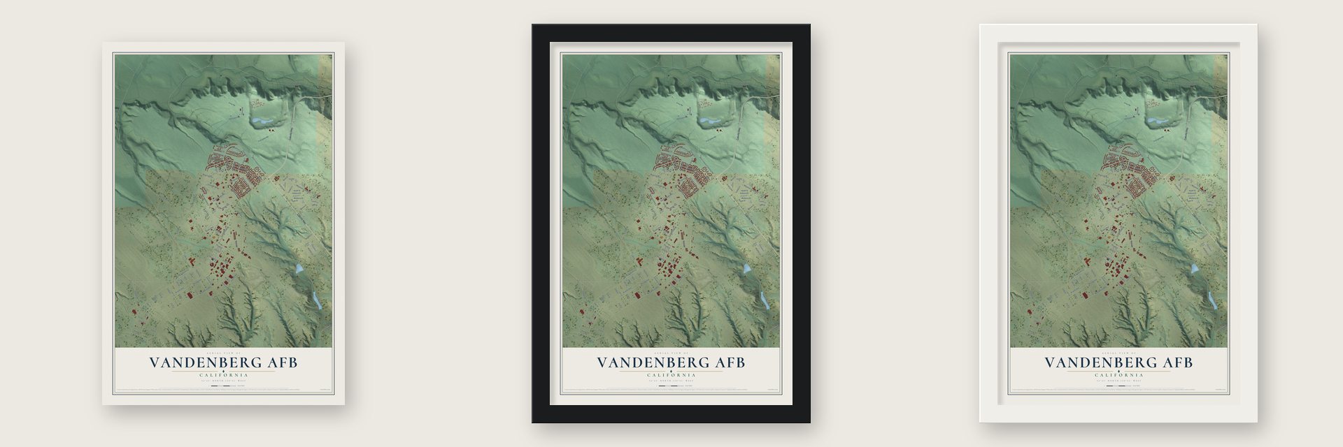 Vandenberg AFB, California map unframed, in a black wood frame and in a white wood frame