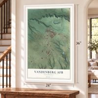 Vandenberg AFB, California map, 24 x 36 inch print in a white frame by a staircase