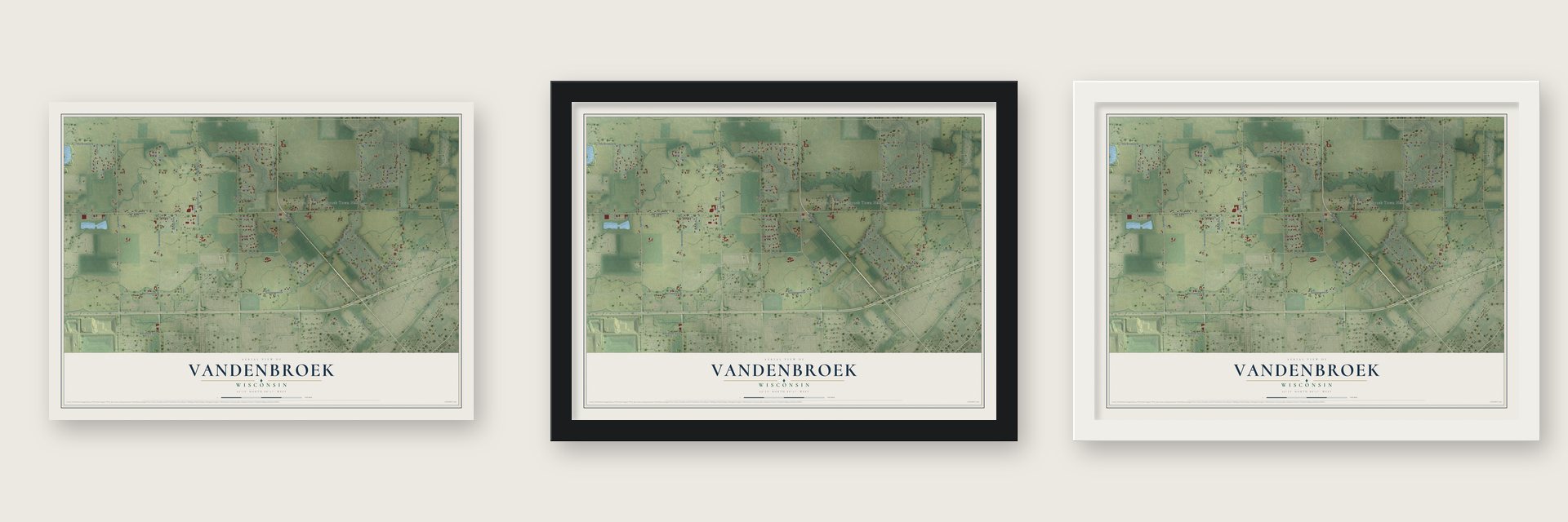 Vandenbroek, Wisconsin map unframed, in a black wood frame and in a white wood frame
