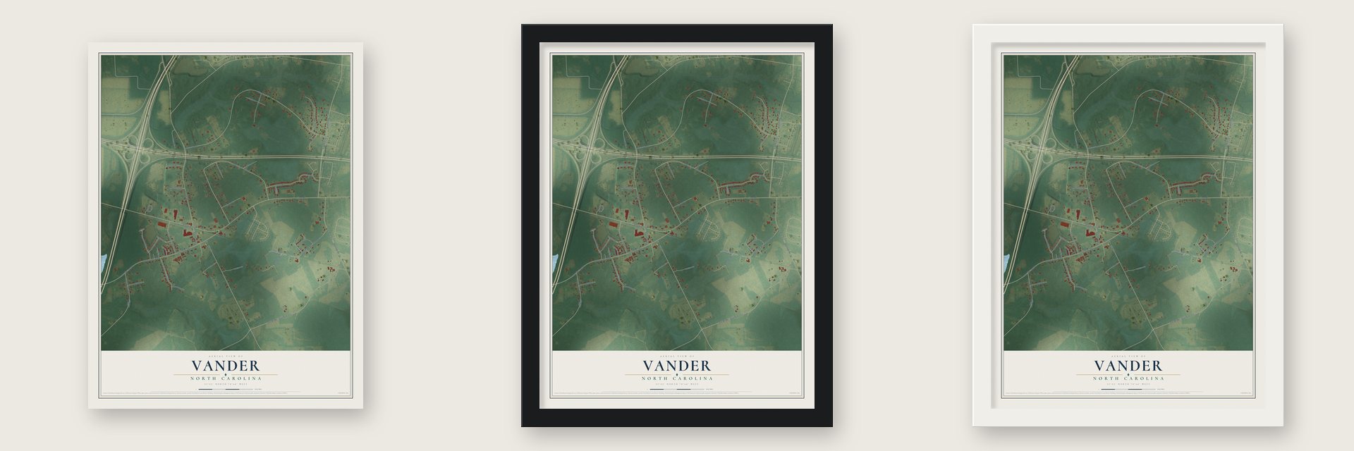 Vander, North Carolina map unframed, in a black wood frame and in a white wood frame