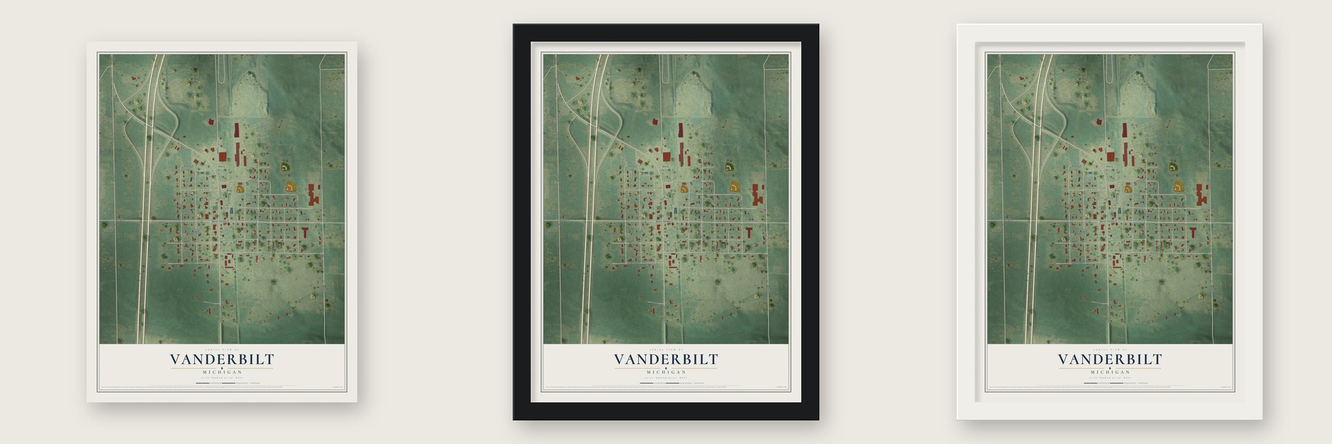 Vanderbilt, Michigan map unframed, in a black wood frame and in a white wood frame