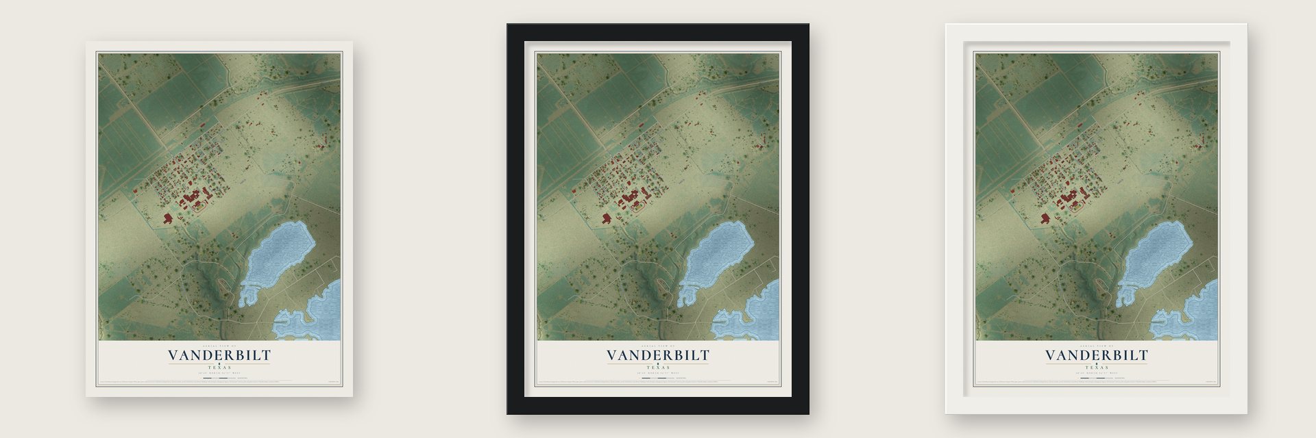 Vanderbilt, Texas map unframed, in a black wood frame and in a white wood frame