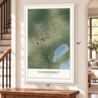 Vanderbilt, Texas map, 24 x 36 inch print in a white frame by a staircase