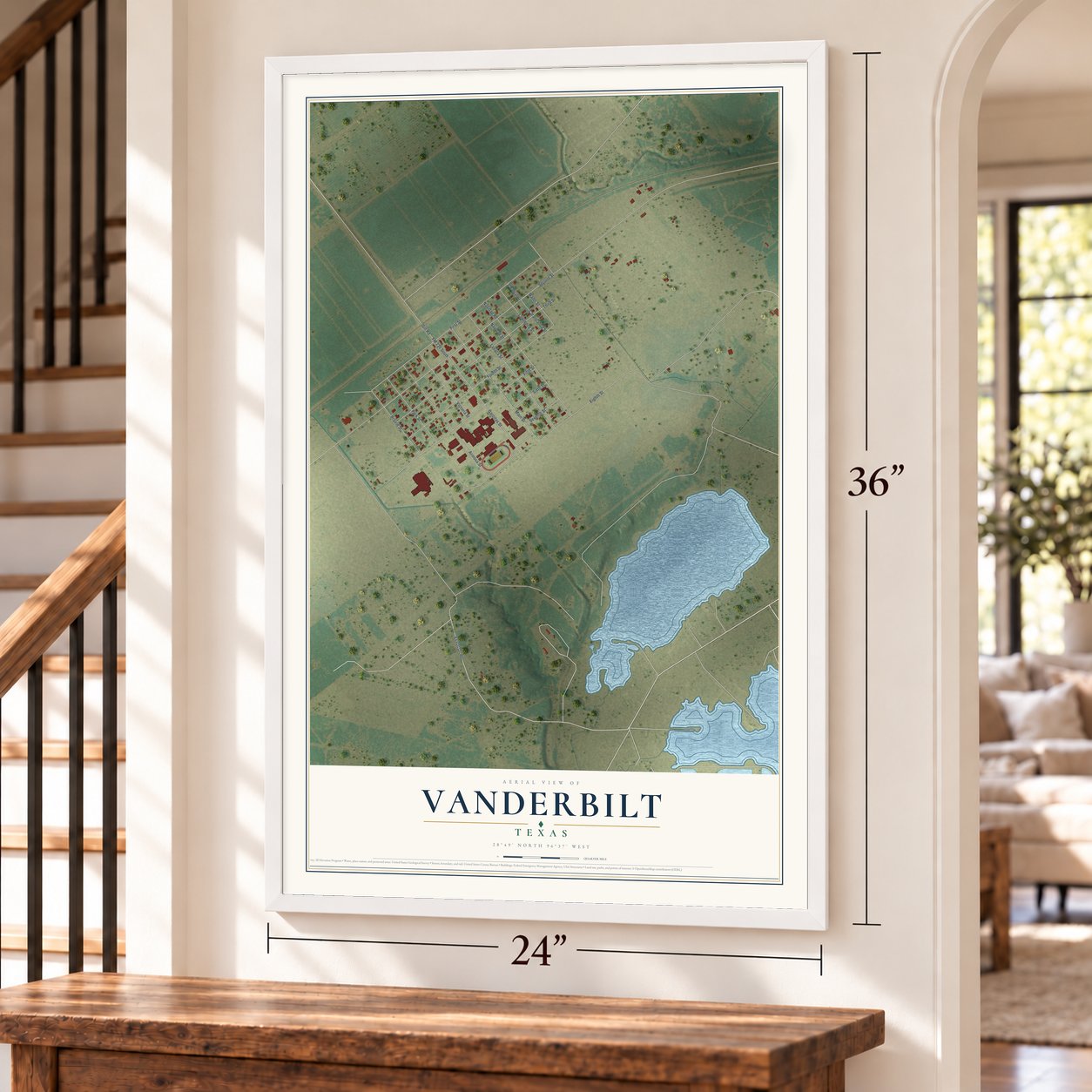 Vanderbilt, Texas map, 24 x 36 inch print in a white frame by a staircase