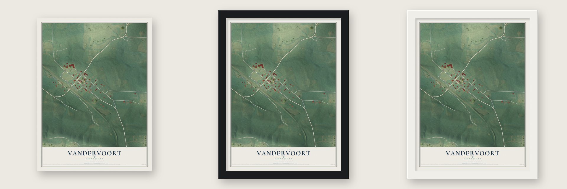 Vandervoort, Arkansas map unframed, in a black wood frame and in a white wood frame