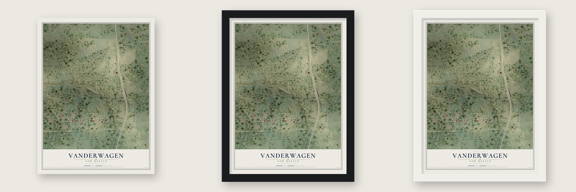 Vanderwagen, New Mexico map unframed, in a black wood frame and in a white wood frame