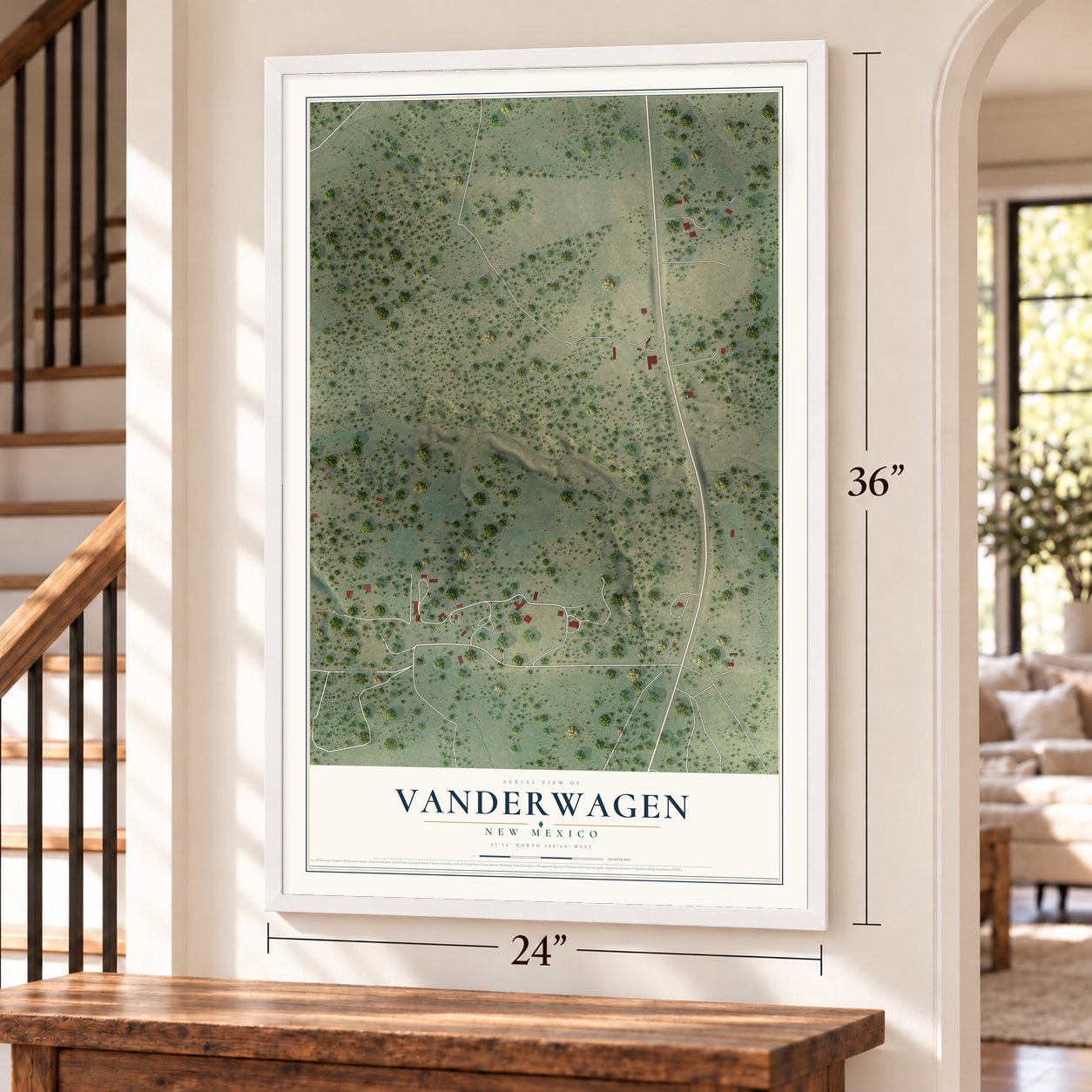 Vanderwagen, New Mexico map, 24 x 36 inch print in a white frame by a staircase