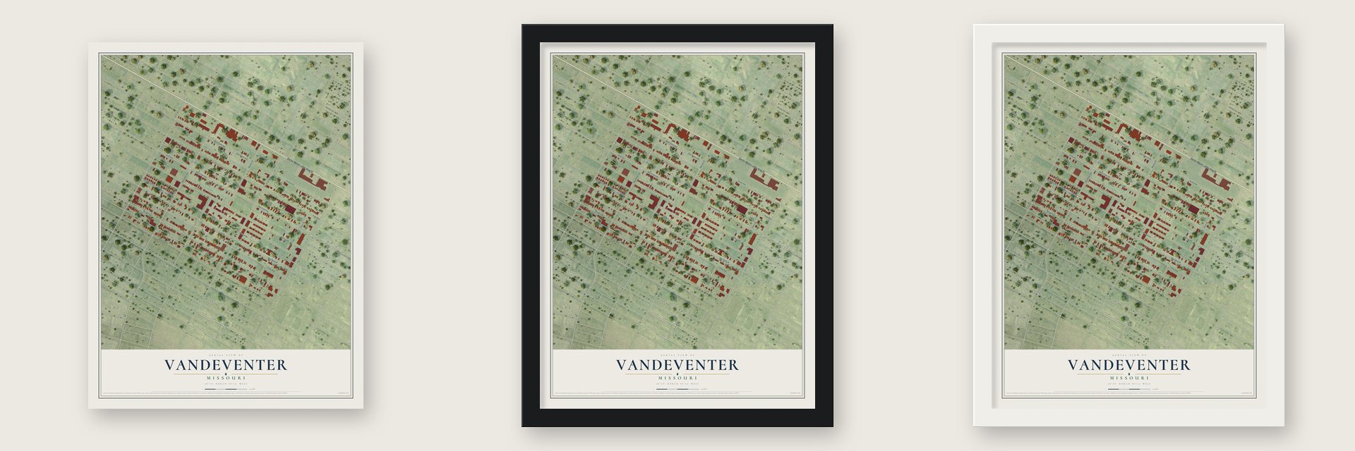 Vandeventer, Missouri map unframed, in a black wood frame and in a white wood frame