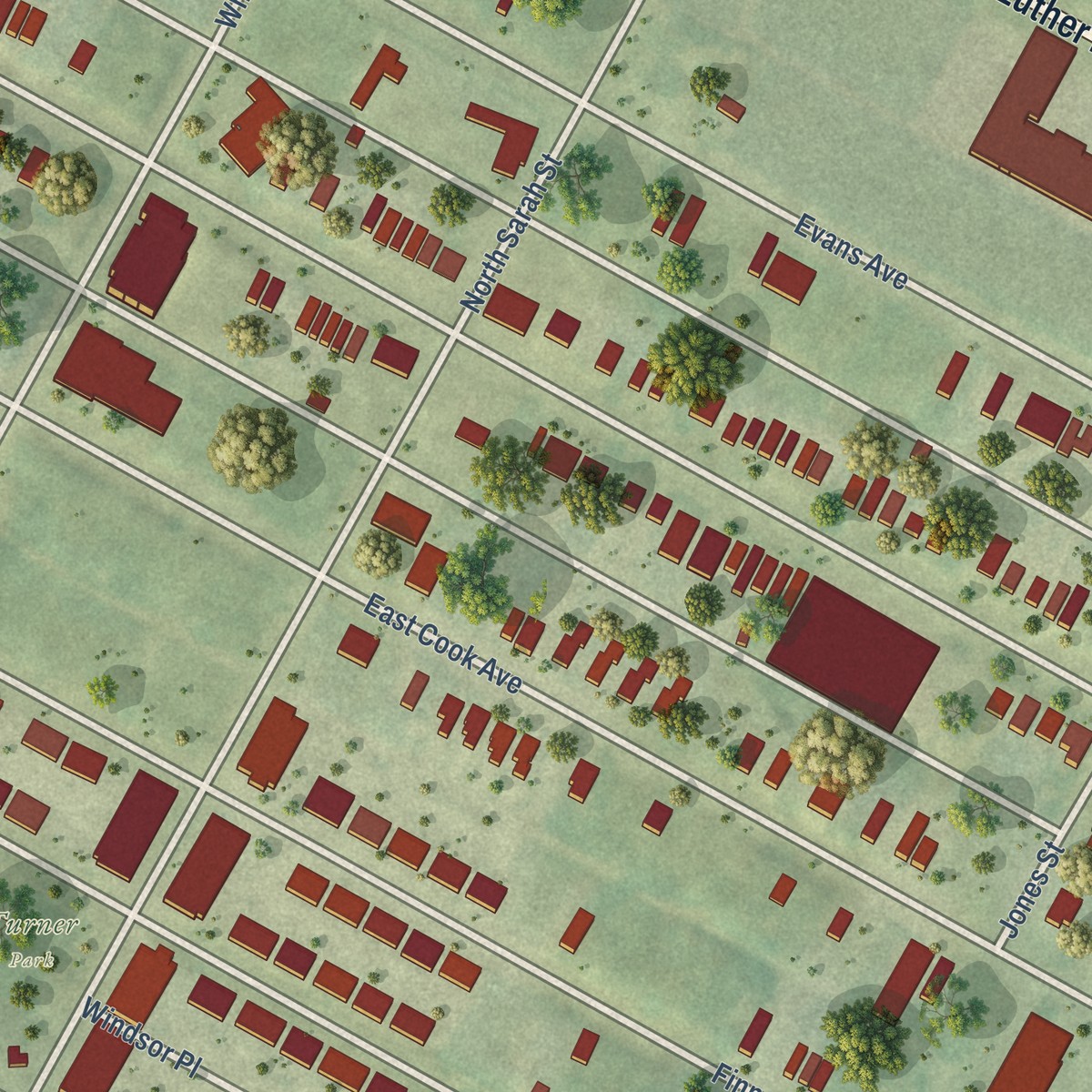 Second close-up of the map of Vandeventer, Missouri print showing more streets and buildings
