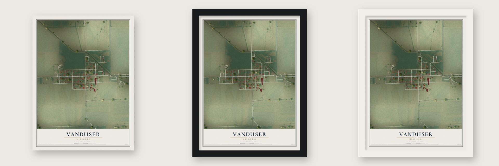 Vanduser, Missouri map unframed, in a black wood frame and in a white wood frame