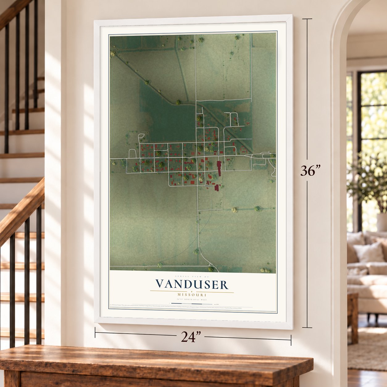 Vanduser, Missouri map, 24 x 36 inch print in a white frame by a staircase