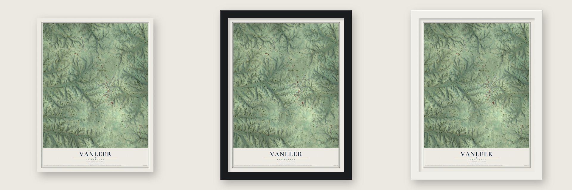 Vanleer, Tennessee map unframed, in a black wood frame and in a white wood frame