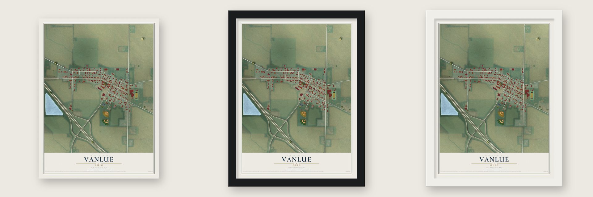 Vanlue, Ohio map unframed, in a black wood frame and in a white wood frame