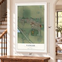 Vanlue, Ohio map, 24 x 36 inch print in a white frame by a staircase