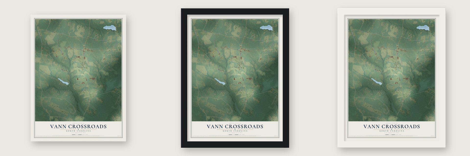 Vann Crossroads, North Carolina map unframed, in a black wood frame and in a white wood frame