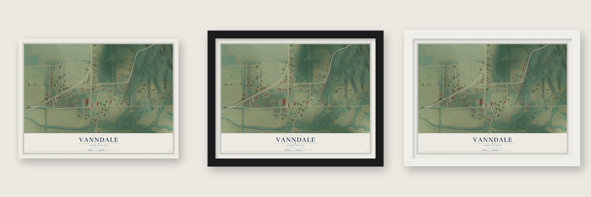 Vanndale, Arkansas map unframed, in a black wood frame and in a white wood frame