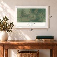 Vanndale, Arkansas map, 12 x 18 inch print in a white frame in an entryway