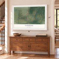 Vanndale, Arkansas map, 24 x 36 inch print in a white frame above a dresser by a staircase