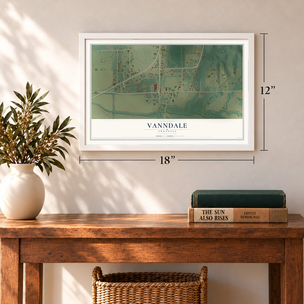 Vanndale, Arkansas map, 12 x 18 inch print in a white frame in an entryway
