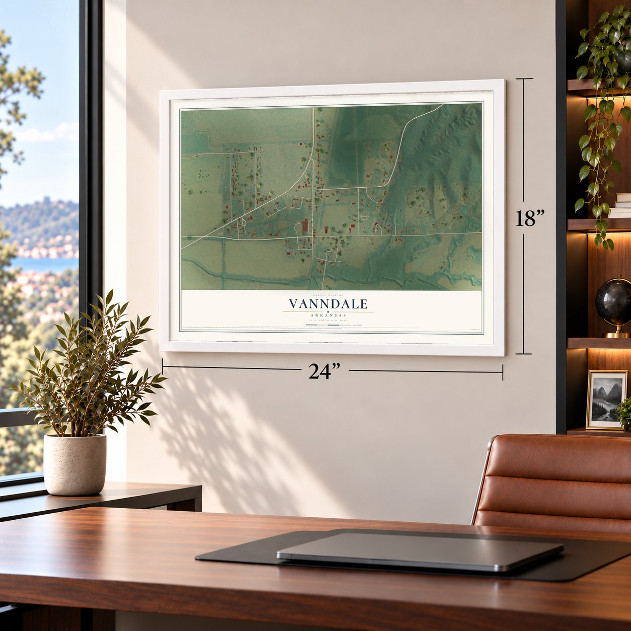 Vanndale, Arkansas map, 18 x 24 inch print in a white frame in a home office
