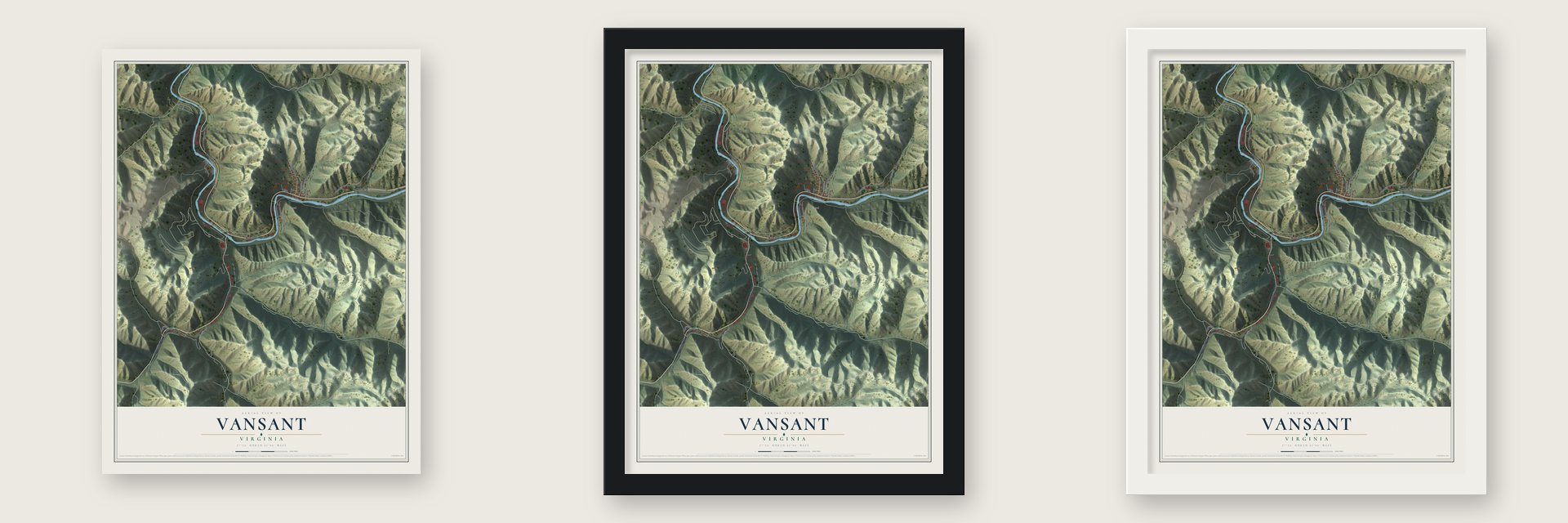 Vansant, Virginia map unframed, in a black wood frame and in a white wood frame